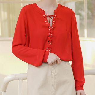 Long-sleeve Chiffon Blouse Red - One Size