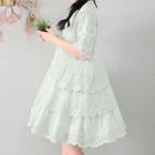 Elbow-sleeve Tiered Lace A-line Dress