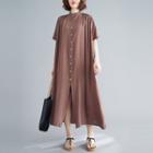 Short-sleeve Buttoned Midi A-line Dress Coffee - One Size