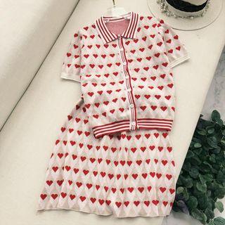 Set: Heart Patterned Short Sleeve Cardigan + A-line Skirt
