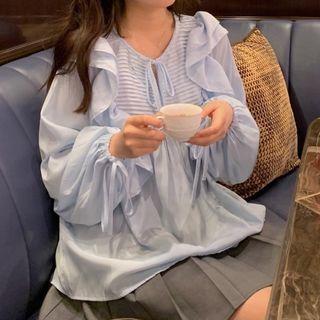 Ruffle Bow Detail Blouse Blue - One Size