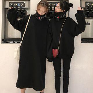 Cat Embroidered Turtleneck Sweatshirt / Midi Pullover Dress