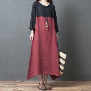 Long-sleeve Two-tone Midi Dress
