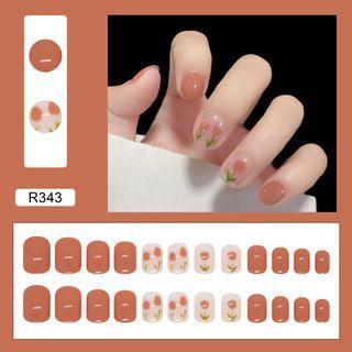 Flower Faux Nail Tips R343 - Light Orange - One Size
