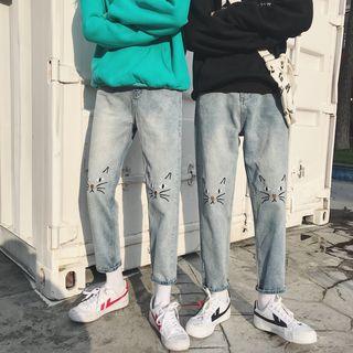 Crop Cat Embroidered Straight Fit Jeans
