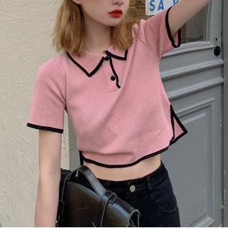 Short-sleeve Polo-neck Contrast Trim Knit Top