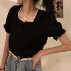 Short-sleeve Square-neck Lace Trim Cropped Blouse