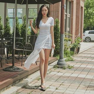 V-neck Chiffon Wrap Bodycon Dress