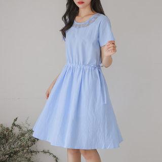Lace-neckline Drawstring-waist Dress