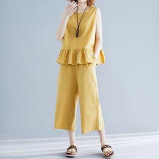 Set: Ruffle Hem Tank Top + Cropped Wide-leg Pants