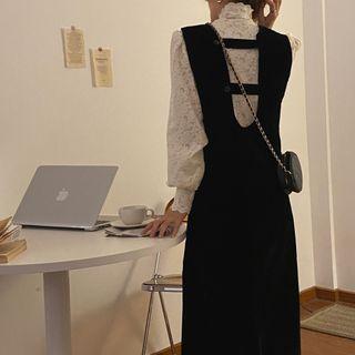 Mock-neck Lace Blouse / Midi A-line Overall Dress