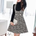 Set: Long-sleeve Turtleneck Top + Sleeveless Leopard Print Mini A-line Dress