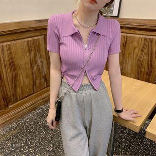 Short-sleeve Collared Zip Knit Top