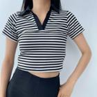 Short-sleeve Open-collar Striped Cropped T-shirt