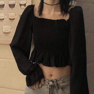 Long-sleeve Square-neck Blouse Black - One Size