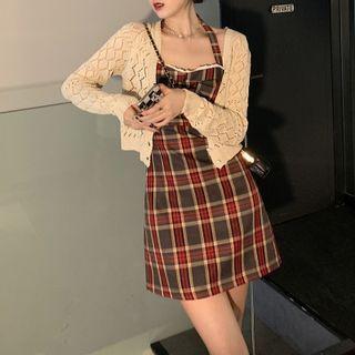 Halter-neck Plaid Mini A-line Dress / Pointelle Cardigan