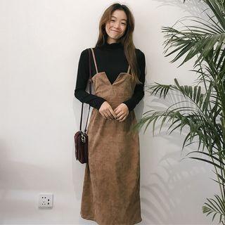 Set: Long-sleeve Mock-neck T-shirt + Spaghetti Strap Midi Dress