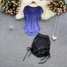 Set Of 2 : V-neck Short-sleeve Top + Drawstring Skirt Blue - One Size