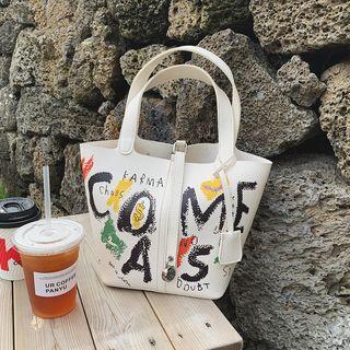 Faux Leather Printed Tote Bag White - One Size