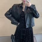 Single-breasted Faux Leather Jacket / Spaghetti-strap Midi A-line Dress