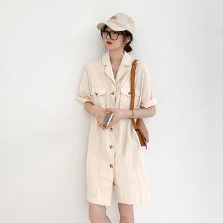 Plain Button-up Pocket Mini Dress Almond - One Size