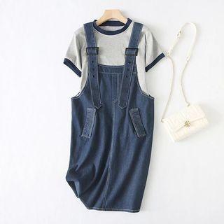 Set: Contrast Trim T-shirt + Denim Mini Overall Dress