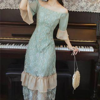 Lace Panel Short-sleeve Layered Midi A-line Dress
