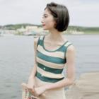 Striped Knitted Tank Top Mustard Green - One Size