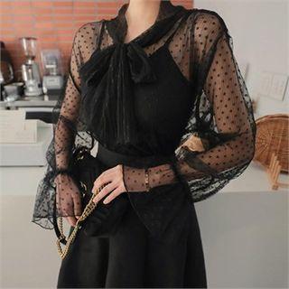 Set: Tie-neck Dotted Sheer Blouse + Camisole Top