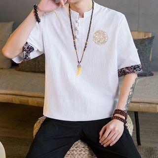 Elbow-sleeve Frog Buttoned Embroidered Top