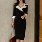 3/4-sleeve Collared Contrast Trim Sheath Dress