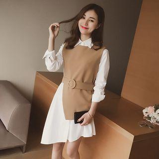 Set: Asymmetric Shirt Dress + Slit Long Vest