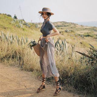 Set: Short-sleeve Swim Top + Plaid Swim Bottom + Midi Skirt