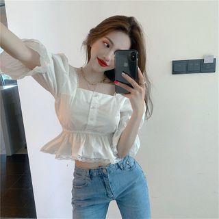 3/4-sleeve Lace Trim Square-neck Peplum Top