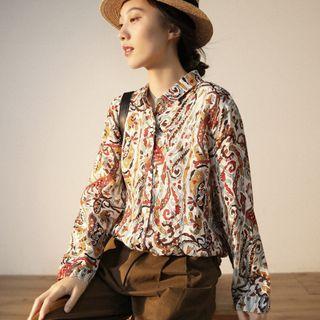 Long-sleeve Print Shirt Red & Yellow & Brown - One Size