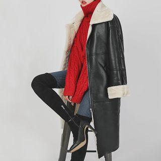 Funnel-neck Faux-shearling Coat Black - One Size