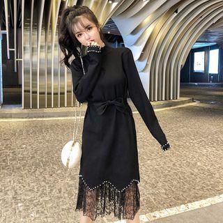 Set: Faux Pearl Tie-waist Sweater Dress + Lace Midi Skirt
