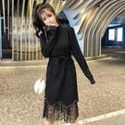 Set: Faux Pearl Tie-waist Sweater Dress + Lace Midi Skirt