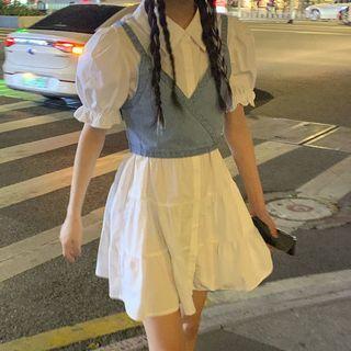 Puff-sleeve A-line Mini Shirtdress / Spaghetti Strap Denim Wrap Crop Top