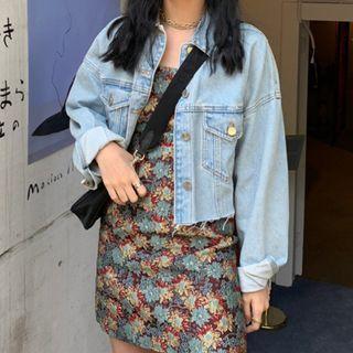 Denim Jacket / Spaghetti Strap Floral Print Mini A-line Dress