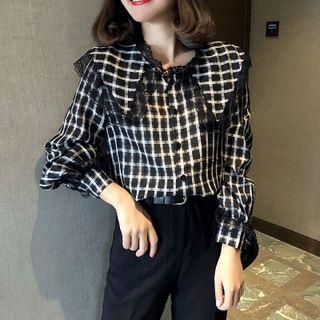 Doll Collar Plaid Lace Trim Blouse
