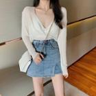 Lace Camisole Top / Cardigan / Mini Pencil Denim Skirt