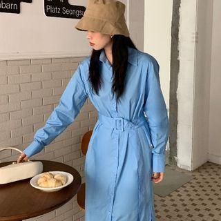 Long-sleeve Belt Waist Shirt Dress Blue - One Size