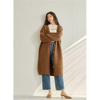 V-neck Patterned Long Cardigan Navy Blue - One Size