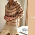 Collared Striped Sweater Beige - One Size
