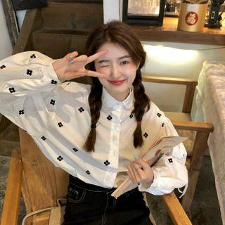 Flower Embroidered Drawstring Shirt White - One Size