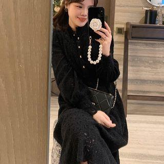 Long-sleeve Button-up Lace Midi A-line Dress