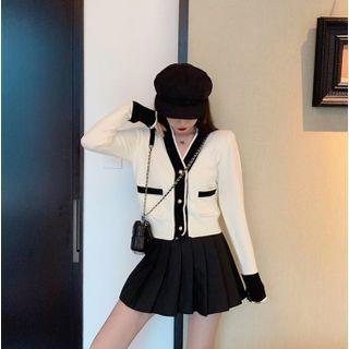 Contrast Trim Cardigan / Mini Pleated Skirt / Set