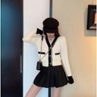 Contrast Trim Cardigan / Mini Pleated Skirt / Set