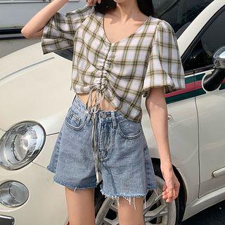 Ruched-front Check Cropped Top